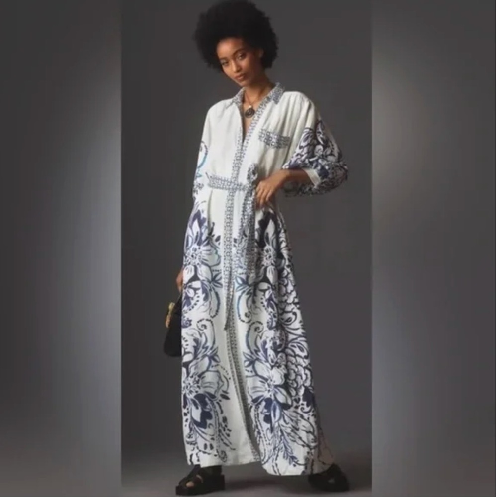 Maeve White Maxi Dress with Navy Floral Print